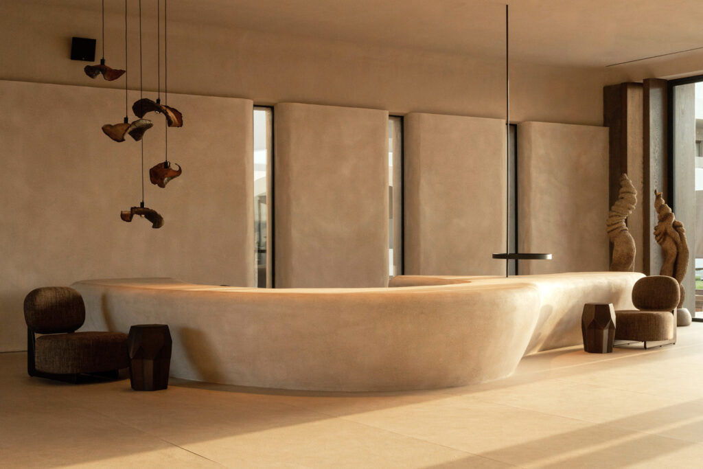 Textured sculptural installation within a hotel lobby