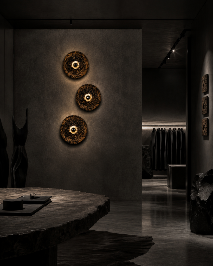 Sculptural installation creating a dialogue between textured material surfaces and an architectural interior space