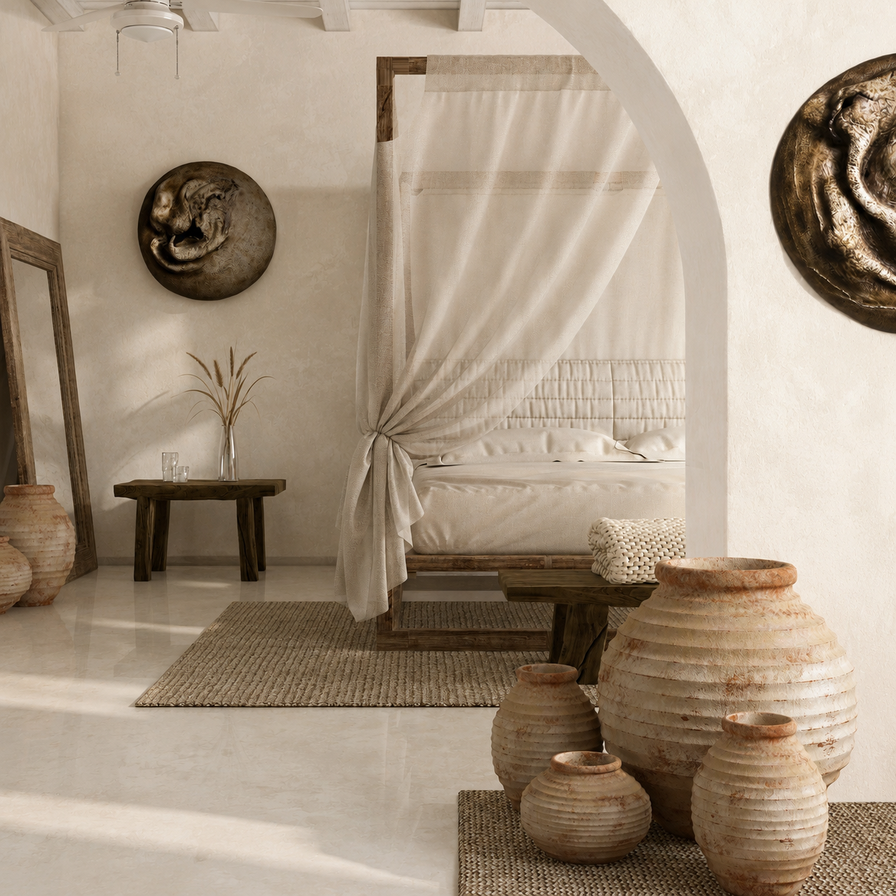 Wall sculpture interacting with ambient light to transform spatial perception.