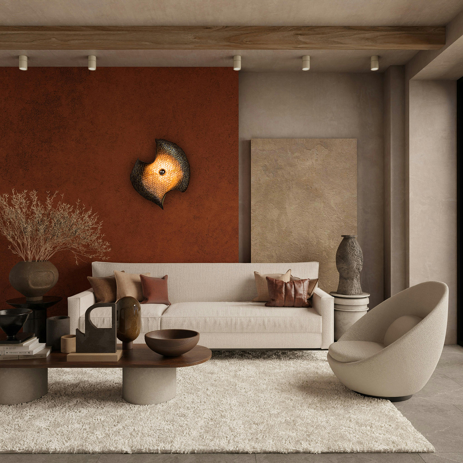 Illuminated sculptural relief creating depth and atmosphere.
