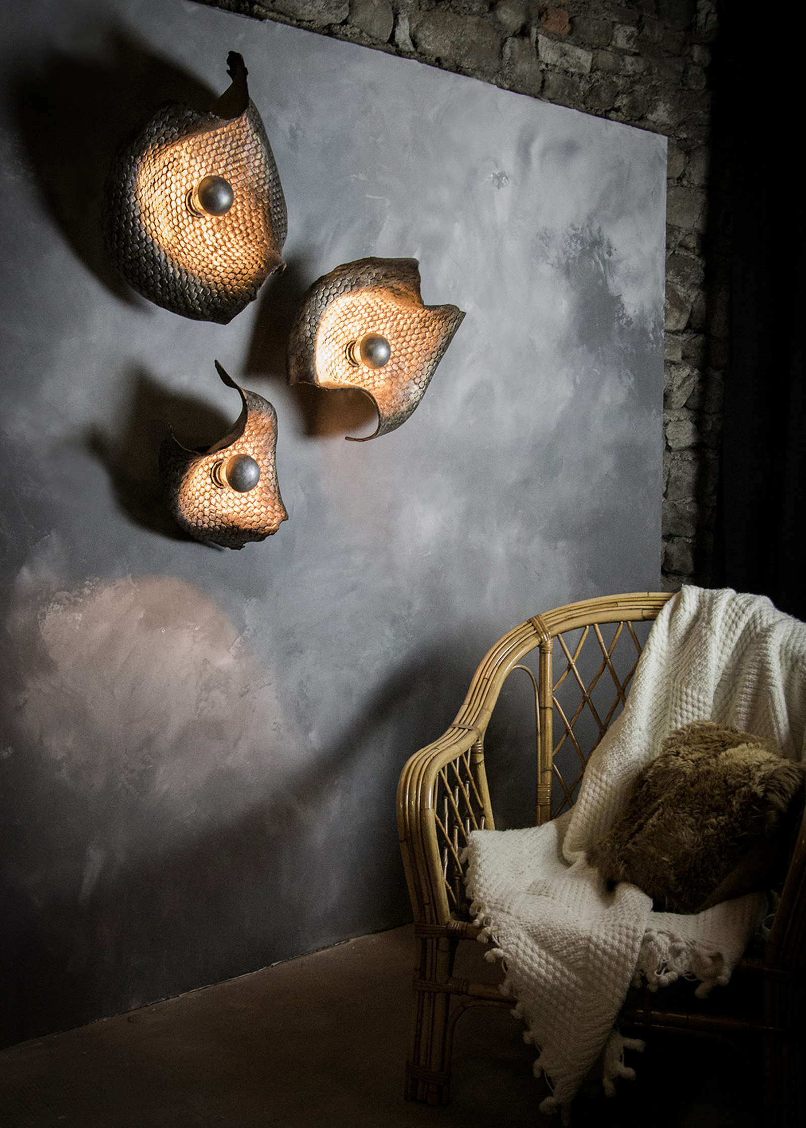 Contemporary sculptural wall installation with integrated lighting.